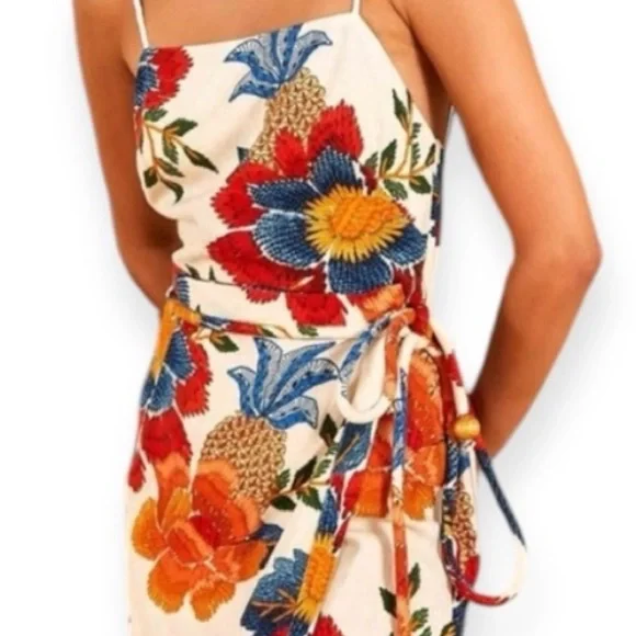 FARM Rio Pineapple Flowers Viscose Square Neck Tied Waist Colorful Midi Dress - Picture 4 of 4